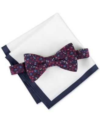 Tommy Hilfiger Men's Botanical Bow Tie & Tipped Pocket Square Set - Navy/red